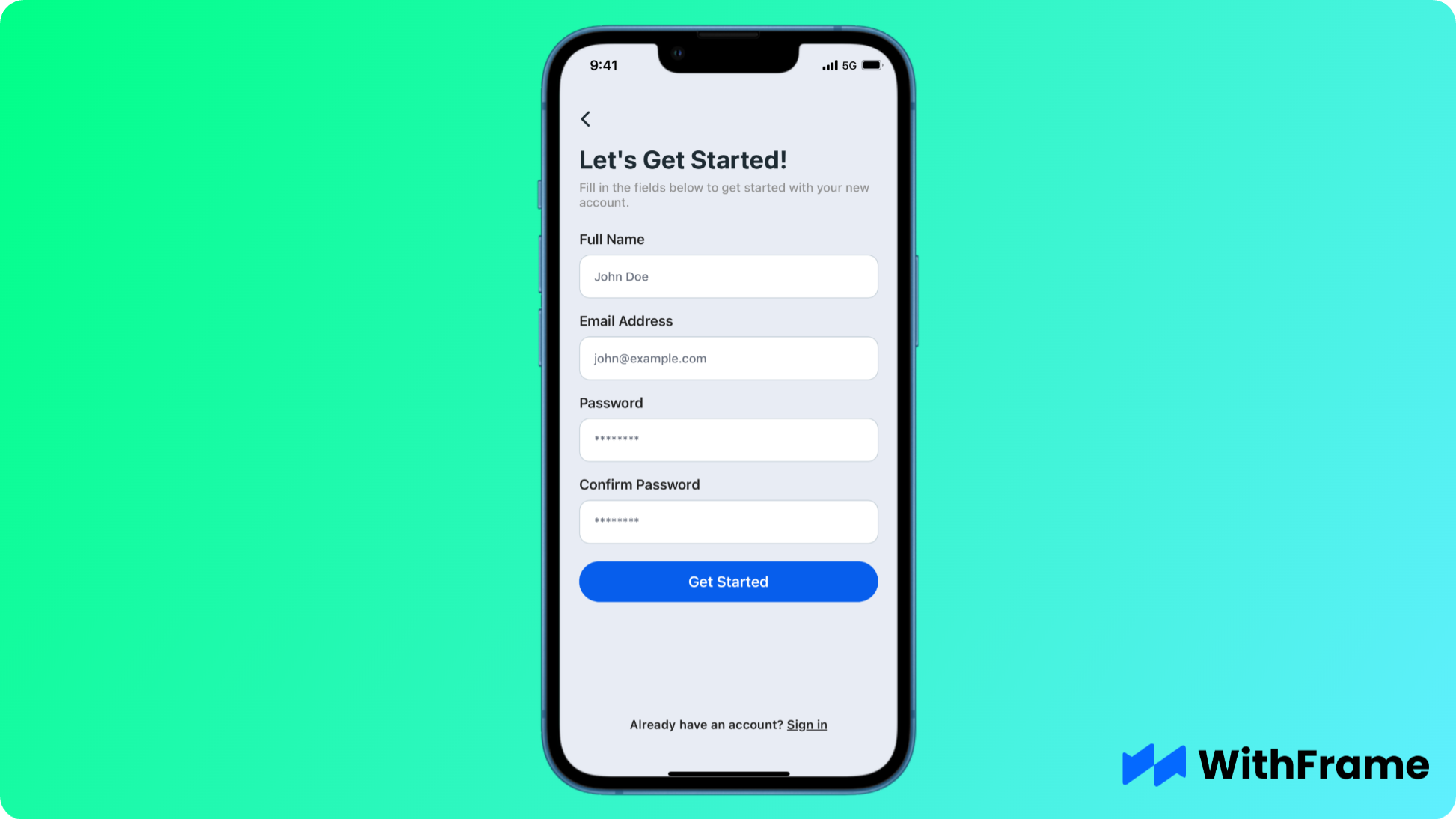 Pre-built Simple Sign Up Form React Native Component