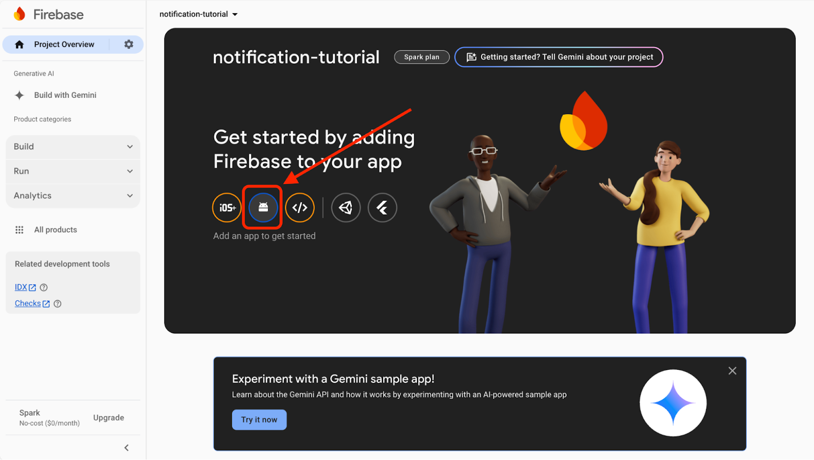 Firebase Console screenshot showing how to add Android App to the project