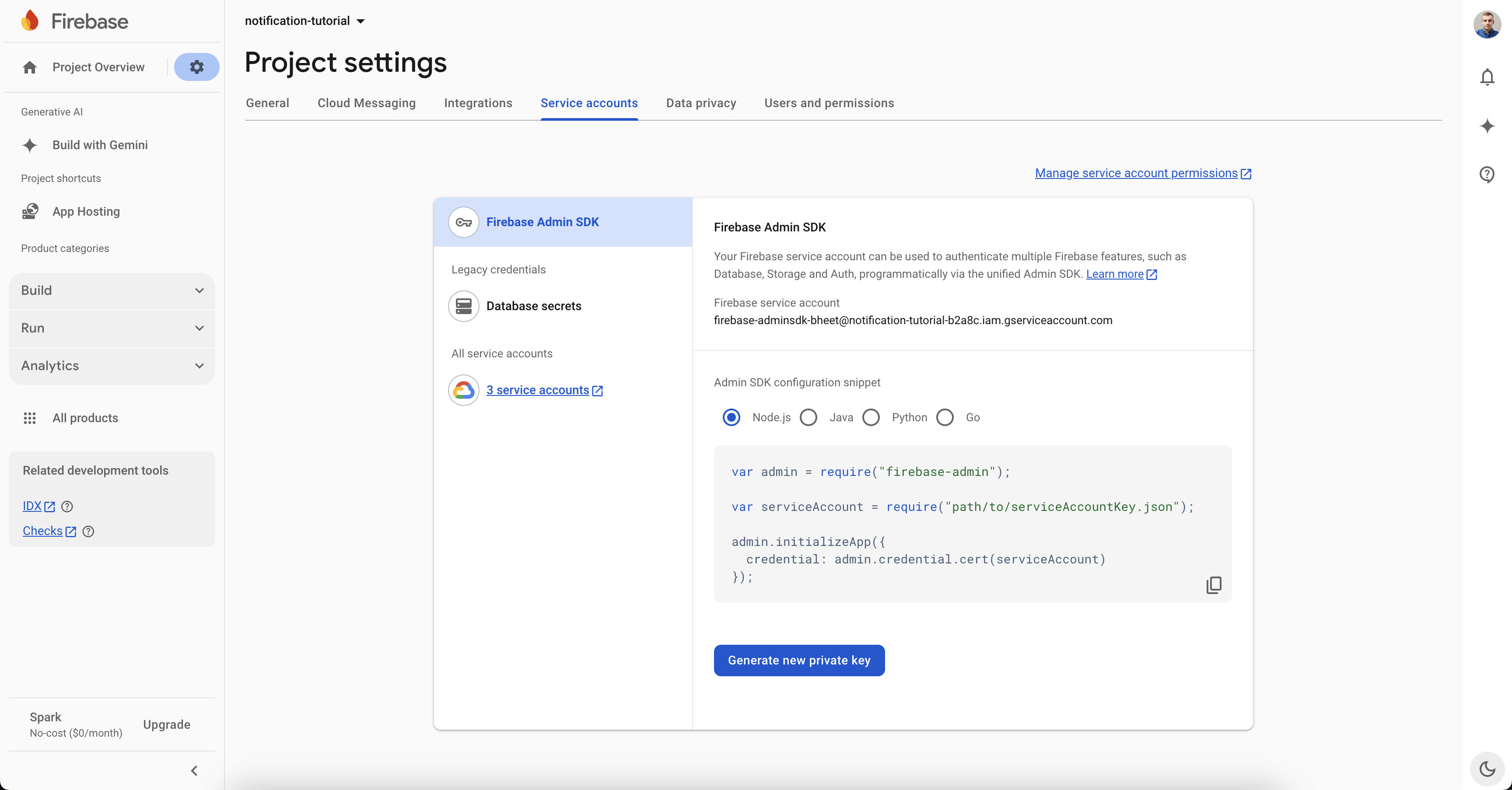 Firebase Console showing Service Accounts