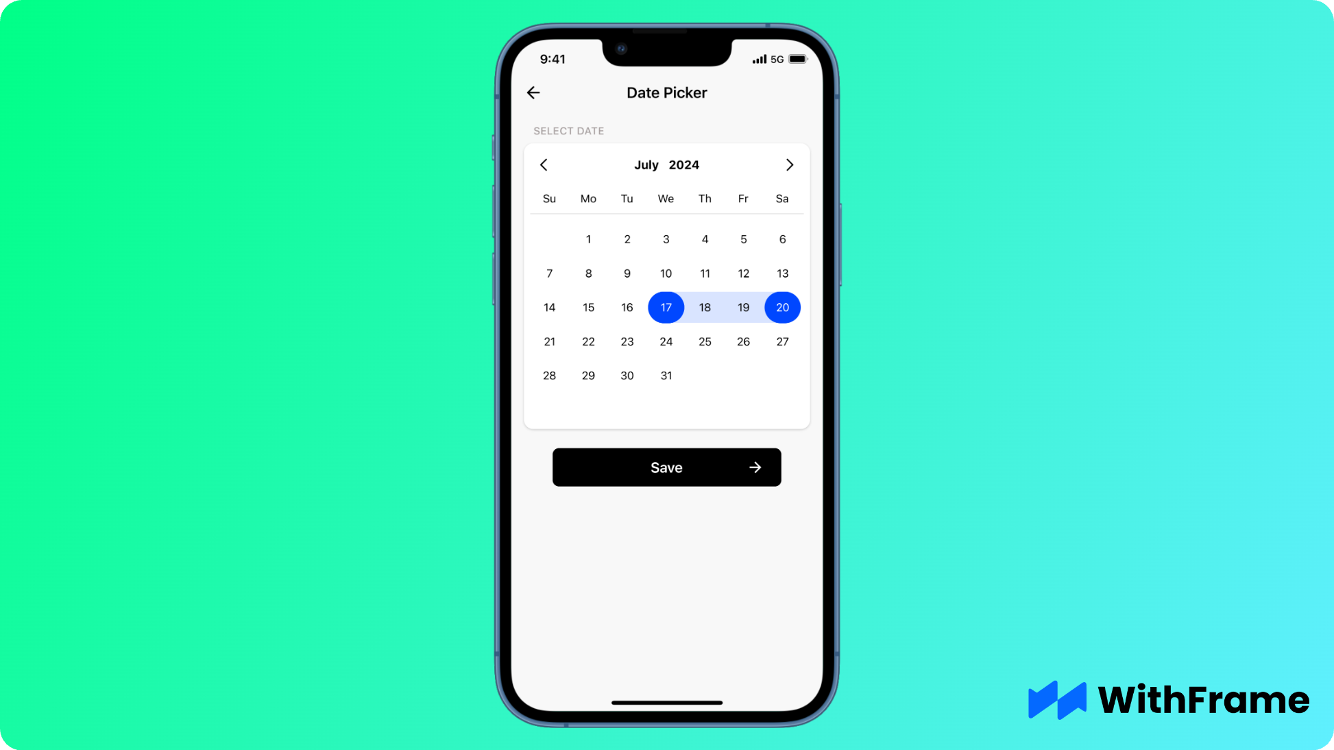 Pre-built Date Picker in React Native showing a range of dates