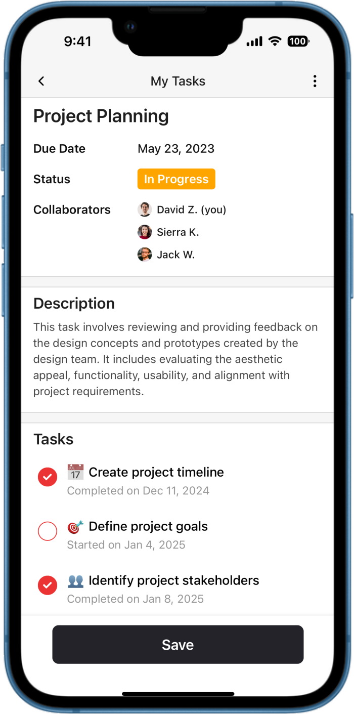 iOS preview for Task Management Screen